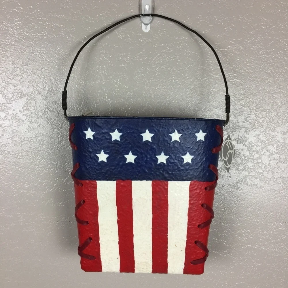 Dept. 56 Painted Flag Hanging Metal Bucket Door Decoration with Flowers New